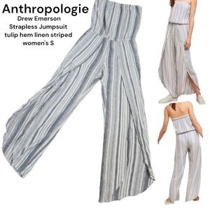 Anthropologie Drew Emerson Strapless Linen Striped Jumpsuit in Blue and White